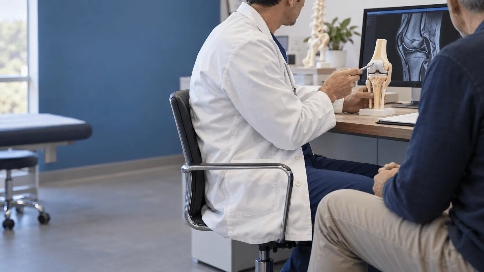 Consulta médica con modelo anatómico de rodilla