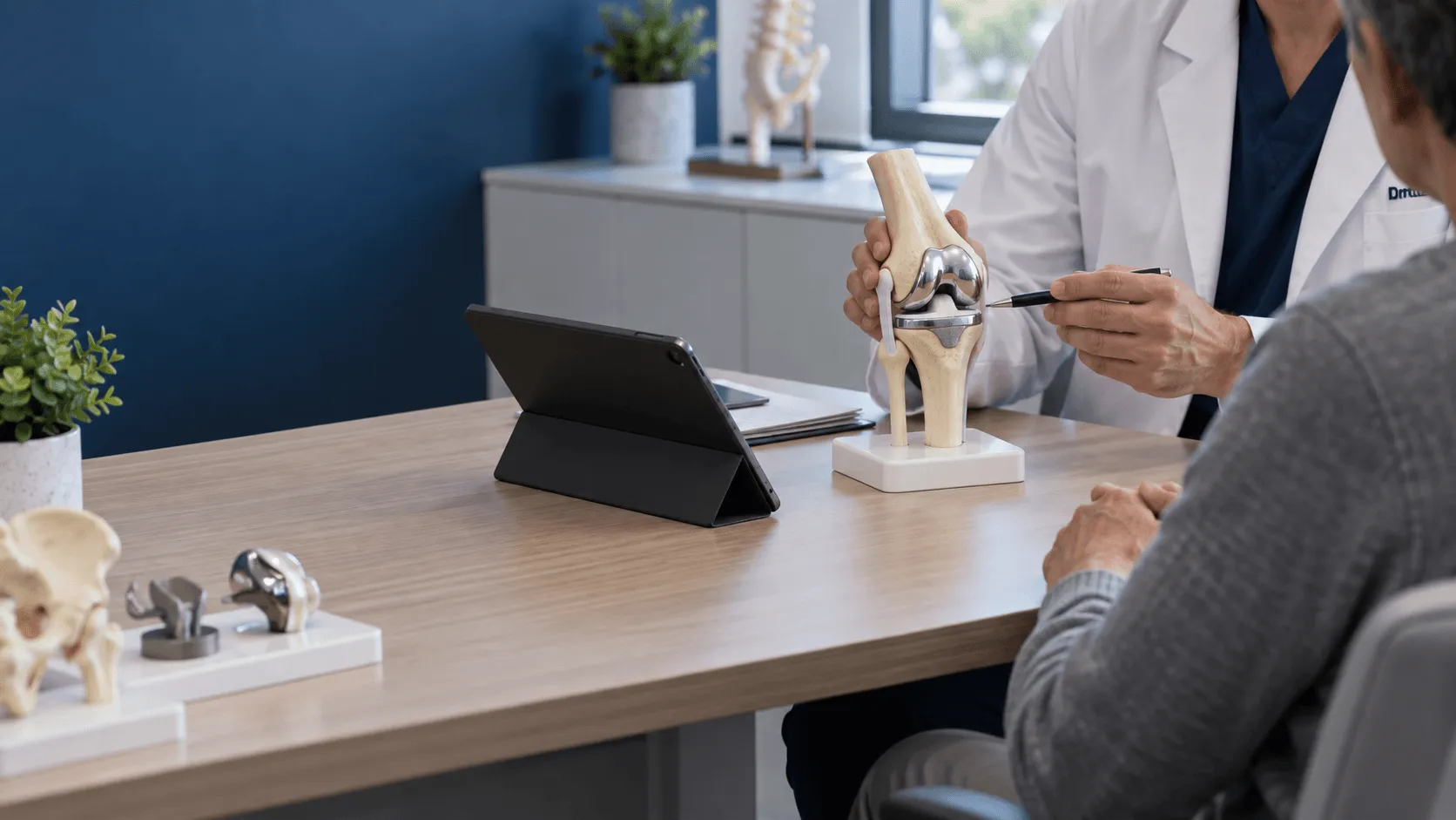 Consulta médica con modelo de prótesis de rodilla